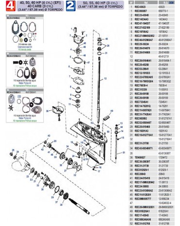 40/50/60 cv (4cyl)(EFI) 40 carb(3cyl) (3.44"/87.38mm) diam torpedo 4 temps