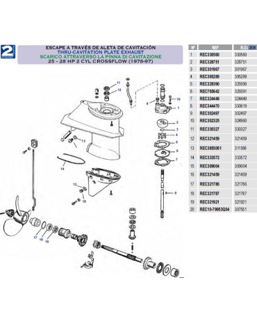 25/28 cv 2cyl CROSSFLOW échappement par plaque anti cavitation